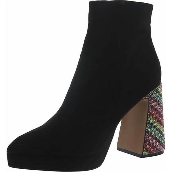 NEW BETSEY JOHNSON women's raylan with multi color heeled boots in black micro - Picture 1 of 2